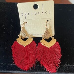 Influence Red Fringe Teardrop Earrings with Gold Accents NWT